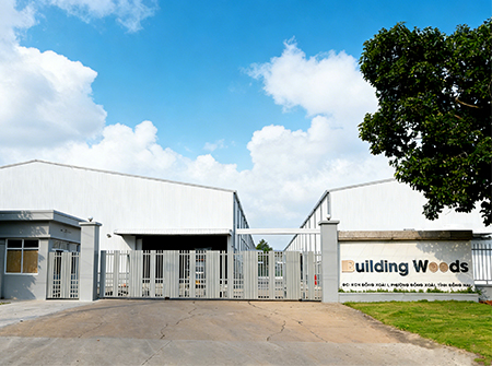Buildingwoods factory entrance and sign in Vietnam